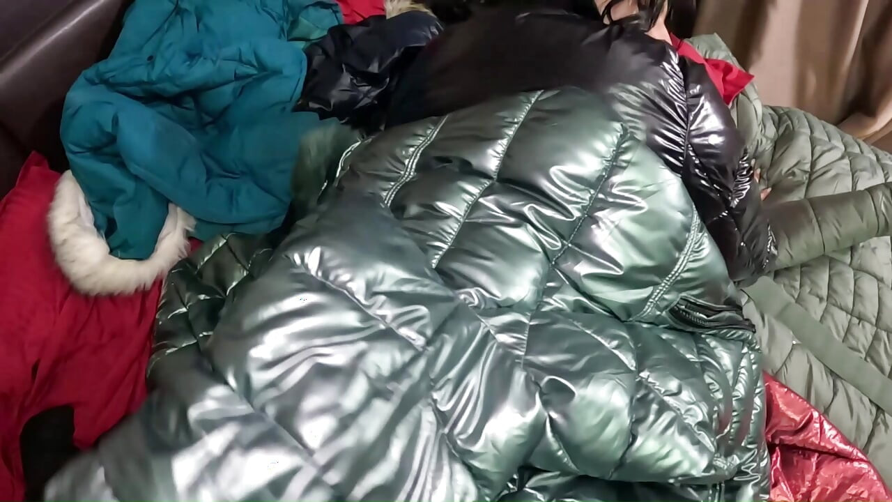 Shiny Downjacket Fetish MILF. Multiple Jackets, Rough Fuck and Cum All Over My Coat