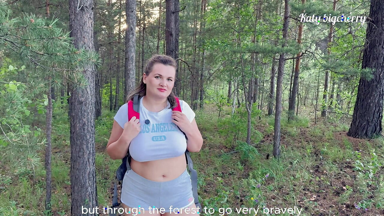 Big-boobed girl got lost in the woods, but found a dick in outdoor