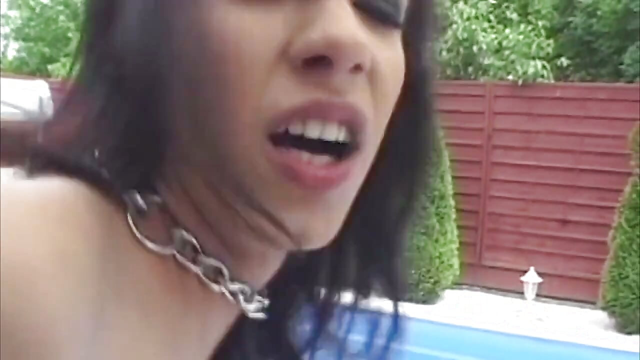 Collared Brunette MILF Takes Cock by Pool