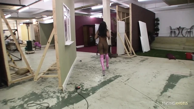 Ebony babe puts on her lingerie and gets fucked by a big strong construction worker