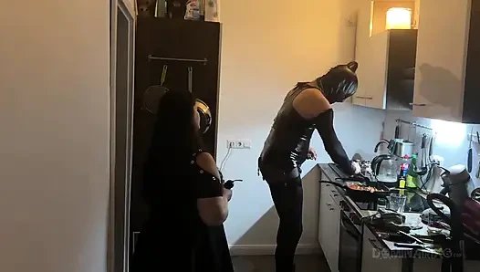 Dominant MILF Stretches Latex Sub's Ass Wide in Kitchen
