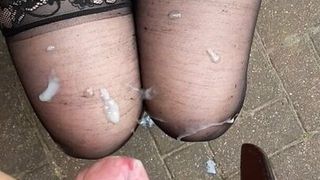 Cum on stockings outdoors