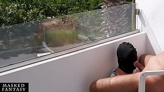 ABlowjob on Sunny Balcony Makes Him Cum in Her Mouth While Strangers Walking by, Not Knowing He Just Orgasmed All Over Her