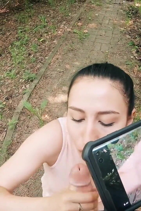 Unexpected Blowjob the Middle of the Park - Surprise Cum in Brunette's Throat - POV