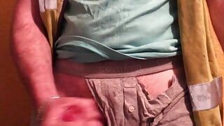 Uncut ginger tradie uses ripped underwear as cumrag