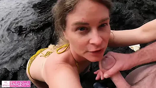 Pretty girlfriend sucking dick on the beach - Blowjob and facial cumshot