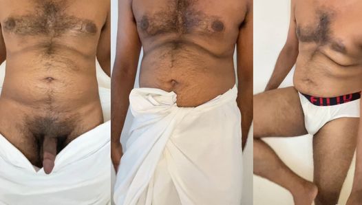 Papa du Kerala, sous-vêtements blancs, grosse bite et couilles suspendues