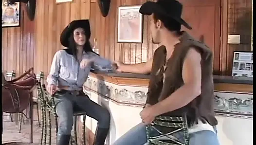 Cowboy stud licks brunette's ass & fills it with big cock