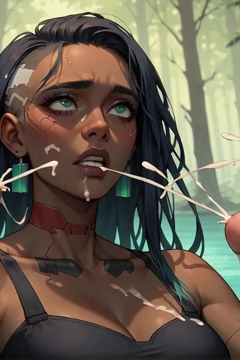 Karanlık tonlu bir ormanda, cyberpunk bir penisi yutuyor