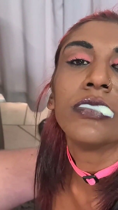 Indian girl sucking dick with her hands cuffed behind her back, cum in mouth, cum swallow | Clip 3