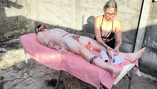 Nude massage outdoors with hot blonde