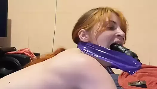 Fucking with machine, clamps on nipples and dildo gag
