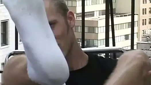 Blonde jock Jason sukcing his own hot feet outdoors