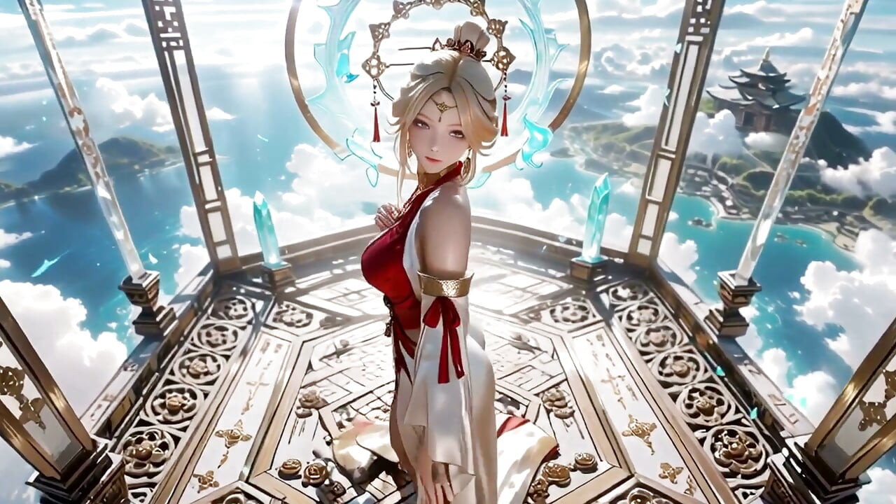Celestial Goddess Descends! Red & White Hanfu, Golden Hair, Barefoot on the Cloud Array.