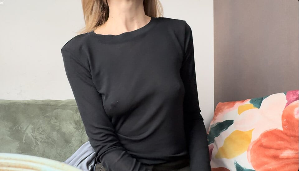 Feeling horny while my nipple piercings are glittering through my semi sheer blouse in a public caffe