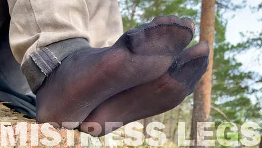 Jeans Feet Teasing At The Forest In Nylon Socks