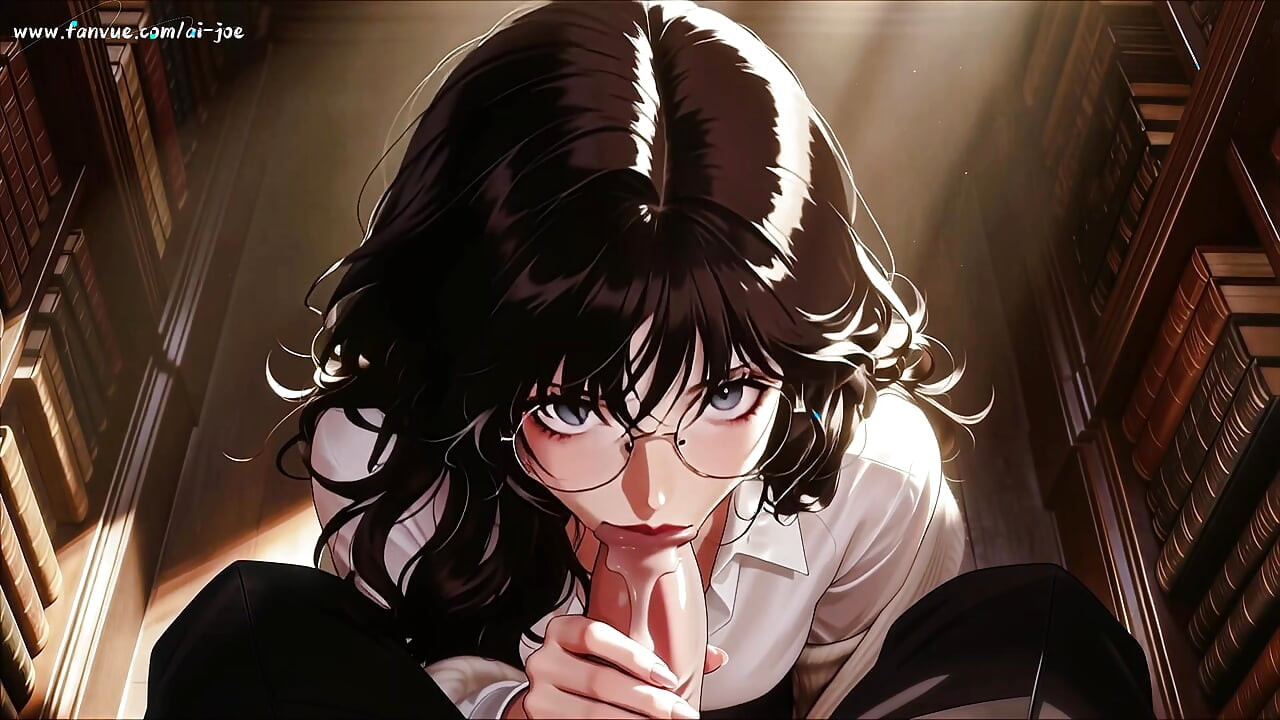 glasses beautiful woman , the private study session in the library.Super temptation. AI generated