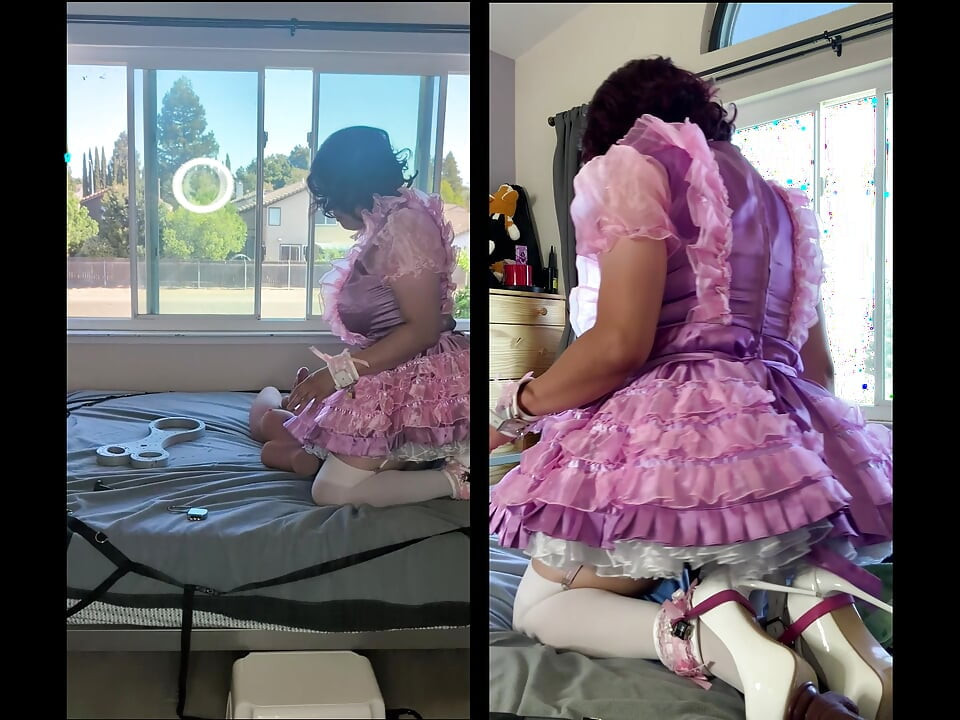 Pink Satin Sissy Maid Rides Her Sex Doll Toy While Locked