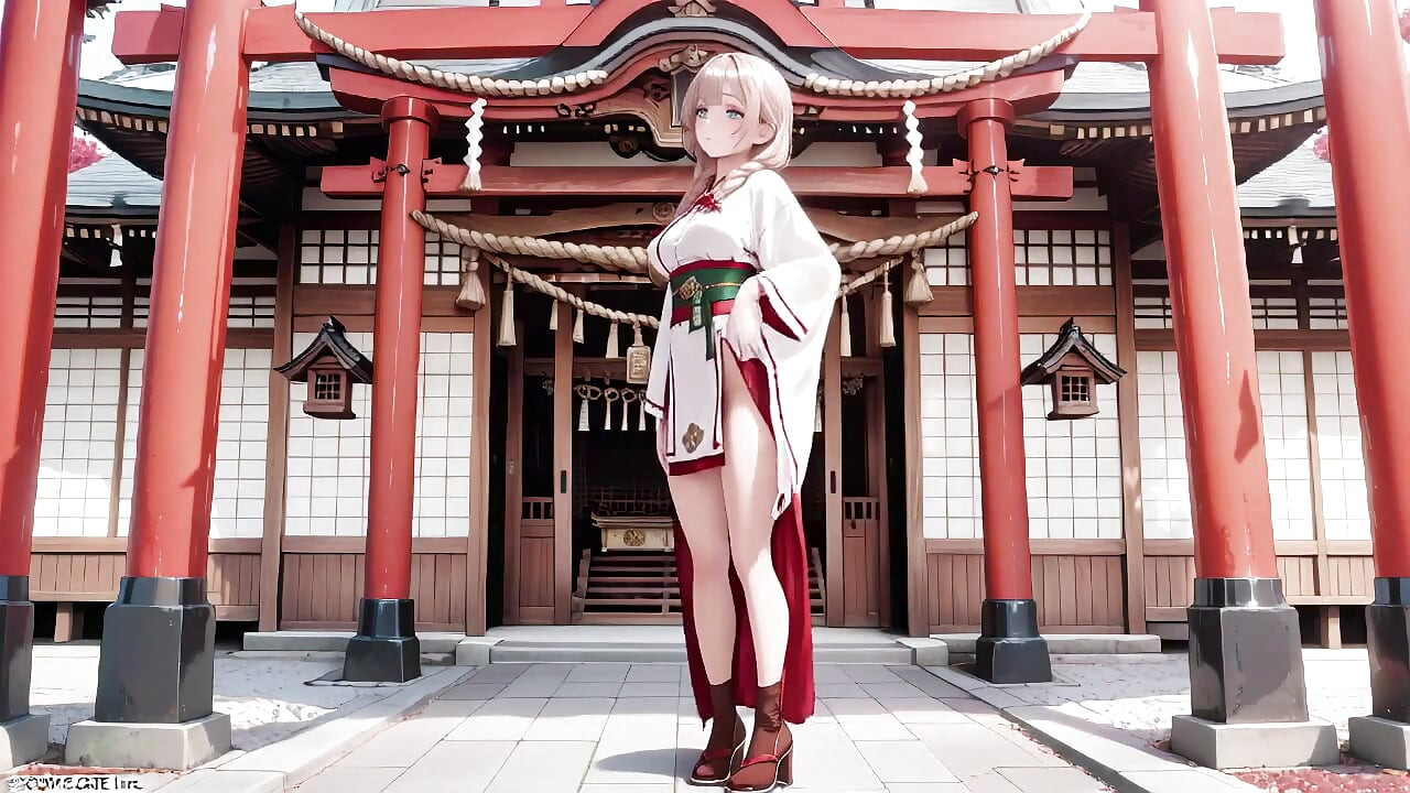 Red & White Miko! Forbidden Encounter at the Shrine, Golden Hair Trembling Under Sacred Robes, From Solemn Kneel to Blurry Gaze