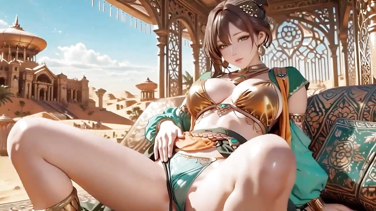 Rainha exótica no palácio do deserto! Ela rasteja de quatro com seda laranja transparente.