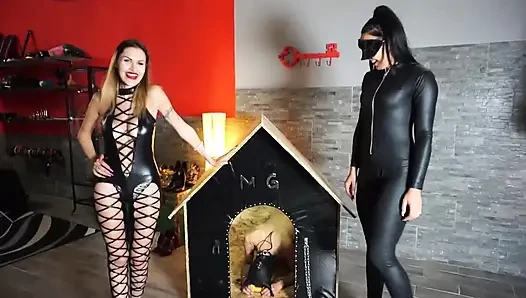 Two femdom girls use their slave as a pet