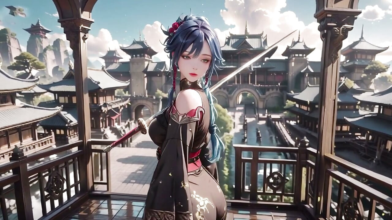 Épéiste aux cheveux bleus ! Debout pieds nus sur des nuages flottants dans un kimono noir et rouge !