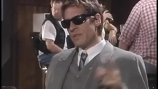 Busty blonde gets her asshole fingered and pool stick shoved in her pussy