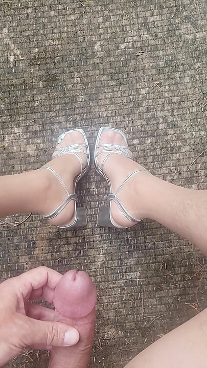 Outside With Silver Heels Cumming on Heels and Feet