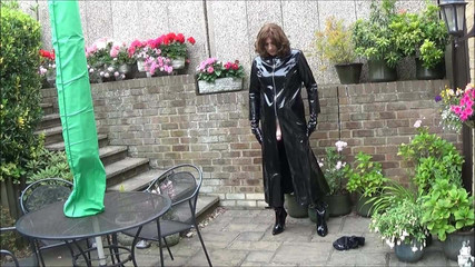 Alison in PVC and Thigh Boots spraying spunk over the garden