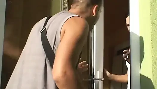 Horny stud banging sexy babe doggy style outdoors