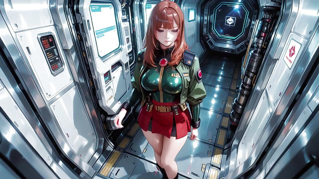 Inside the Sci-Fi Train, she wears a tight green armor, touching her red lips while gazing at the galaxy through the porthole.