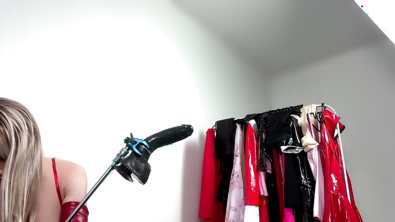 Blonde Trans Maid Locked with Chastity Cage Takes Big Black Dildo