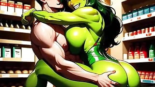 She-Hulk AI-  rides big cock in supermarket