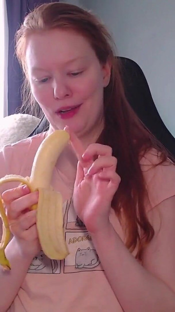 Key moment from "It's time for a sweet snack! This banana looks soooo much like your dick! Look how greedily I suck it!"