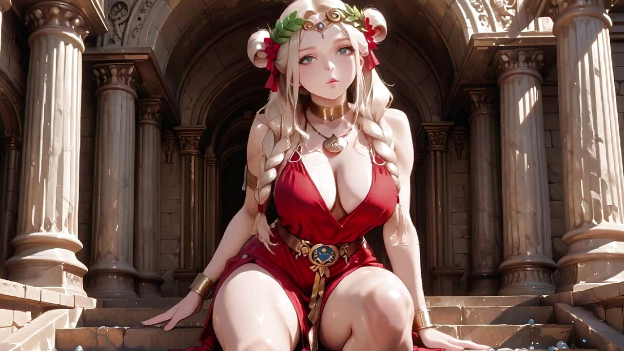 Blonde Goddess in Red! Forbidden Gaze in the Ancient Corridor, Deep V & High Slit teasing you.