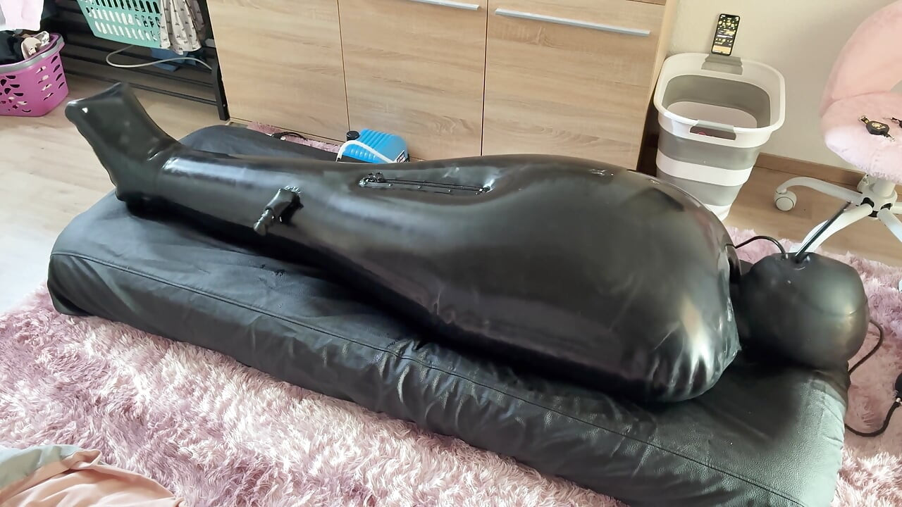 Wife Punishes Her Slave in Full-body-inflate Latex Bag - Estim - Restricted Breathing - Bagged