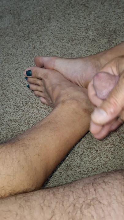 Stroking my cock waiting for my neighbor to arrive and tease it for me with her cute little feet