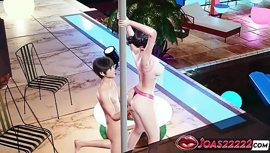 Tamaki in a Pool Animation with Big Tits Massage, Moaning Fingering of Her Tight Pussy, and Dildo Masturbation Squirt