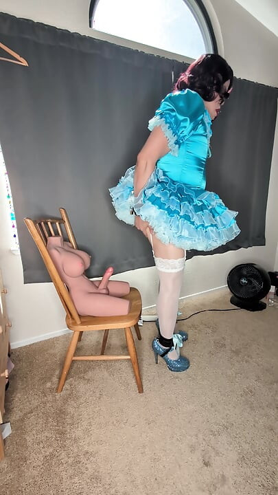 Satin Sissy Maid Plugs Herself and Sucks Her Doll