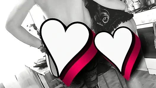 Two women Girl on girl Lesbians in erotic lingerie in kitchen kiss and making sushi sandwich. Fetish Stockings Big ass Milf Sex