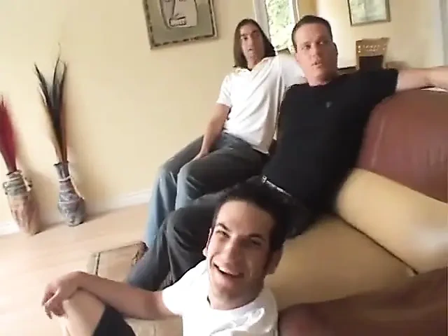 Three guys fuck this gorgeous brunette and give her three big facial loads