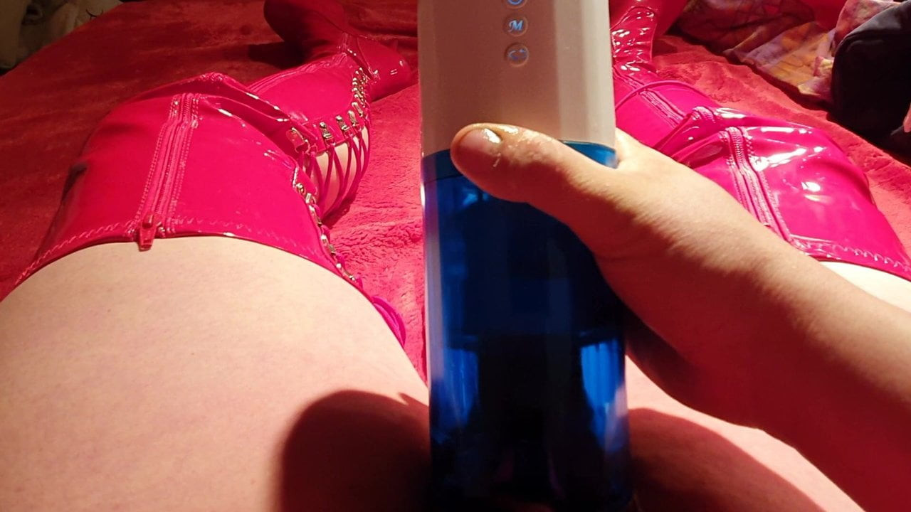 Sexy transgender enjoying her masturbator with big cumshot