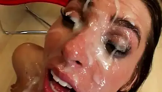 Naomi swallows and gets her face cum covered
