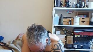 Weighted Wanking - German Chubby Sub wanks with balls banded and weights attached