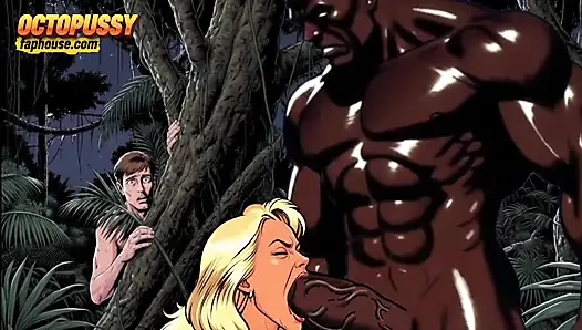 Seksi beyaz evli kadın aldatılan kocasının önünde büyük siyah bir yarağın tadına bakıyor. Çizgi Film Çizgi Romanı