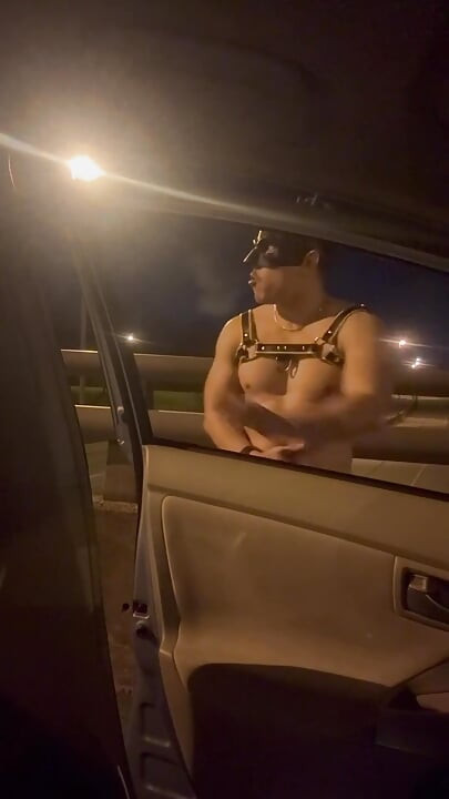 Almost Caught: Leather Muscle God’s Risky Bridge Flex & Stroke