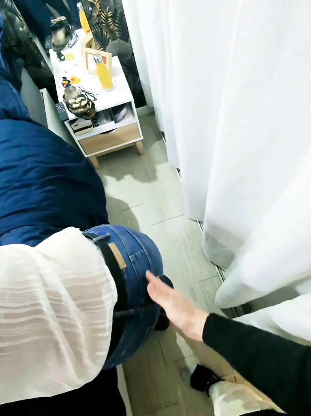 he takes off my jeans, To spread off my panties and fucks my pussy in pov and covers me with his cum