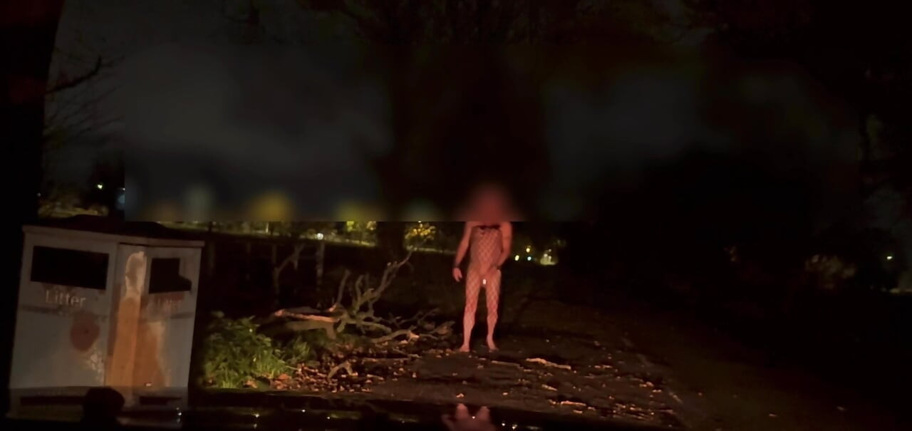 Stripping out of my body stocking and wanking at side of road