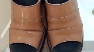 Cumshot on brown square heel open toe sandals. Yum