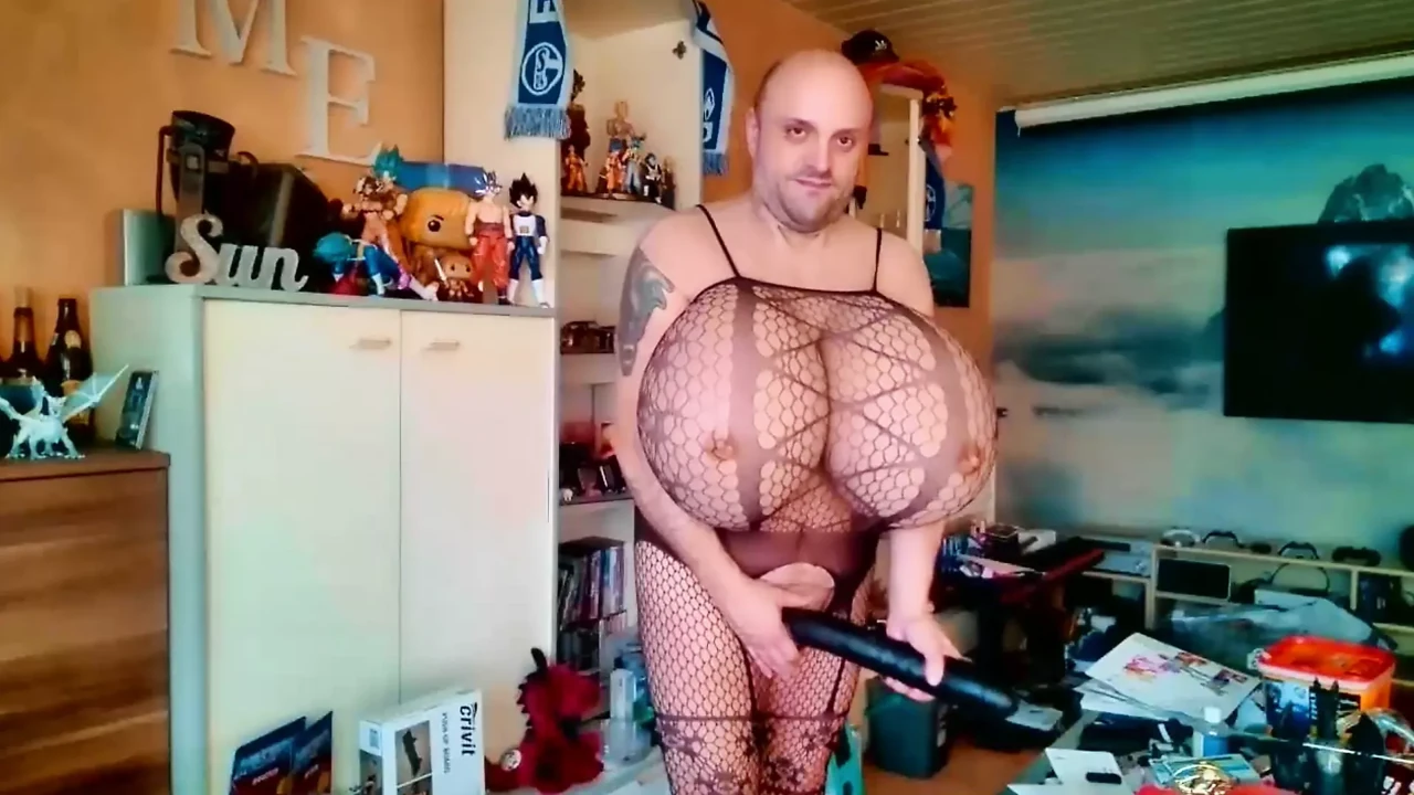 Crossdresser with Huge Tits Cup Z in Fishnet Suit – Let my Sexy Big Boobs Swing and Show my Huge Dildos for Anal Torture